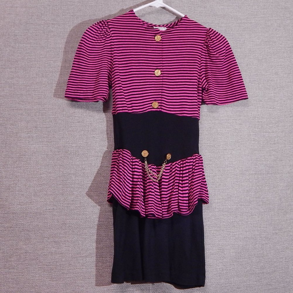 HI-GIRLS, INC. == Vintage Girl's Size 10 Dress == Pink & Black Stripe / Chain